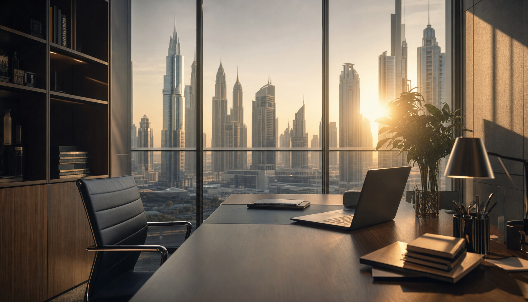 Illustrative modern corporate interior with a city skyline